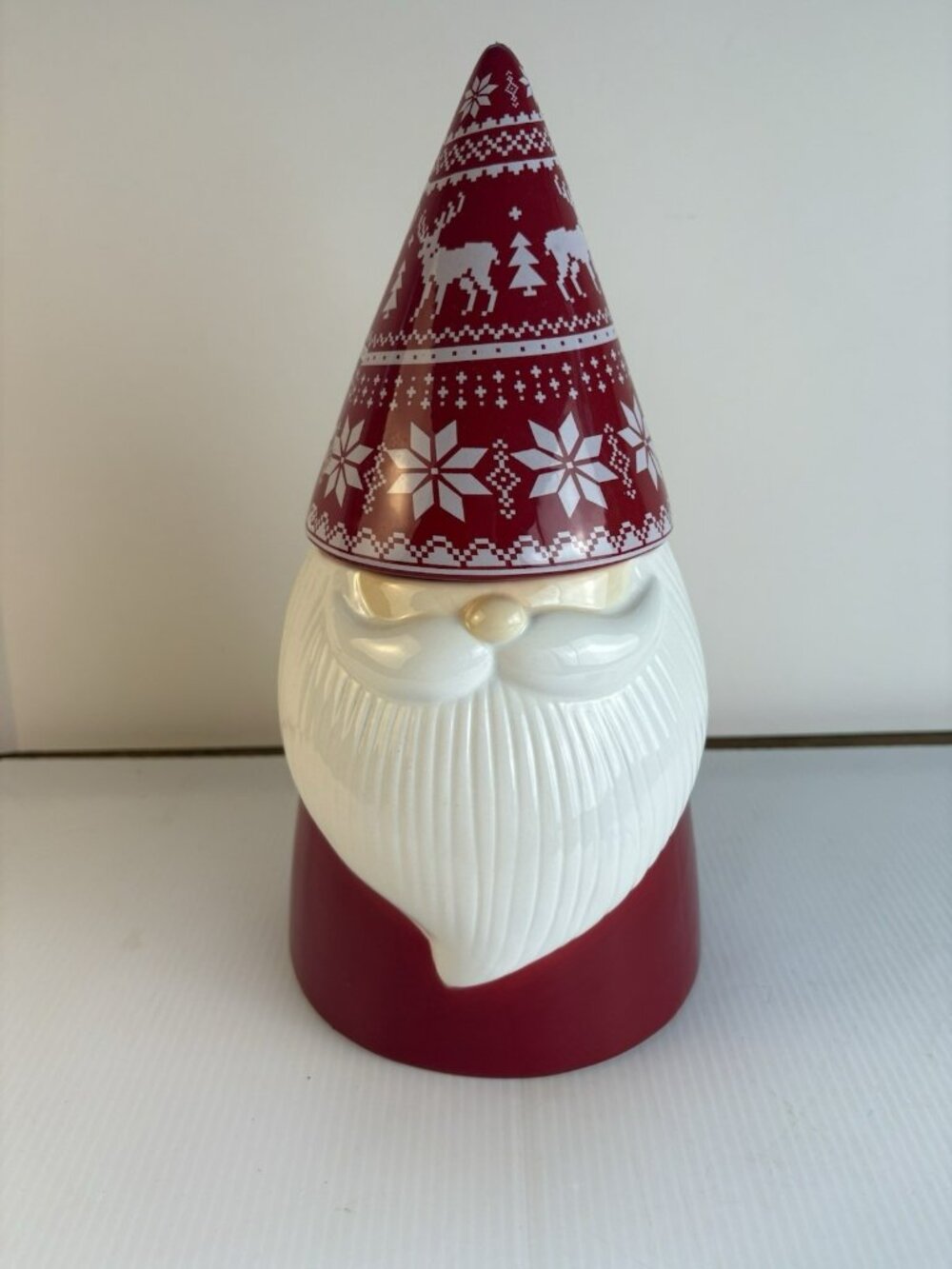 Santa Gnome Cookie Jar Ceramic Christmas Argyle Hat American Atelier 11" Tall